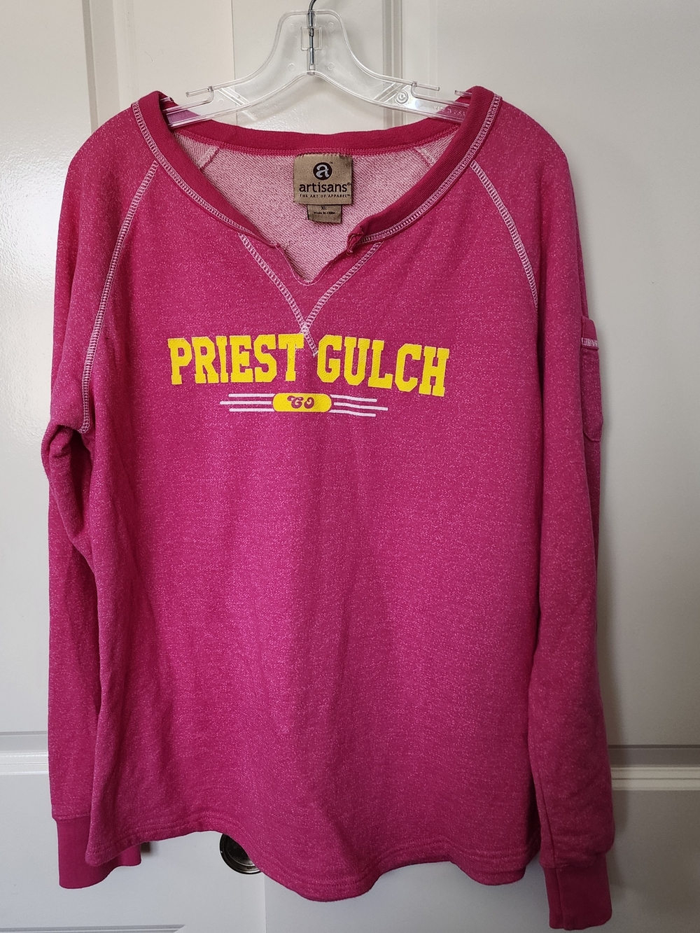 Artisan Priest Gulch Pink Pullover Sweatshirt with Yellow Graphic